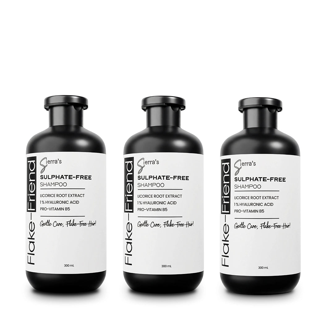 Three bottles of Sierra's Flake-Friend Sulphate Free Anti-Dandruff Shampoo for consistent scalp care, visible dandruff control and healthier-looking hair.