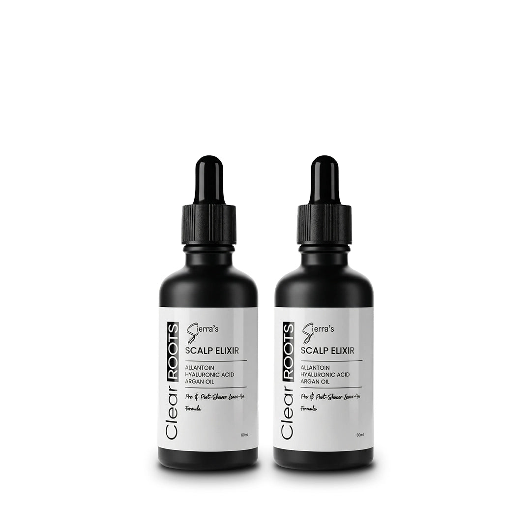 Two bottles of Sierra's Clear ROOTS Scalp Elixir leave-in anti dandruff scalp serum bundle for dry, flaky and itchy scalp with Allantoin, Hyaluronic Acid and Argan Oil.
