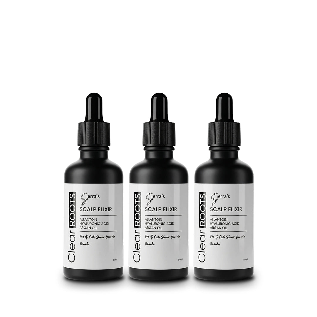 Three bottles of Sierra's Clear ROOTS Scalp Elixir leave-in anti dandruff scalp serum bundle with Allantoin, Hyaluronic Acid and Argan Oil for dry, flaky and itchy scalp.