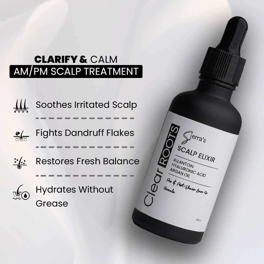 Educational infographic showing the benefits of Sierra's Clear ROOTS Scalp Elixir leave-in anti dandruff scalp serum with Allantoin, Hyaluronic Acid and Argan Oil to soothe irritated scalp, reduce visible dandruff, control flakes and hydrate the scalp.