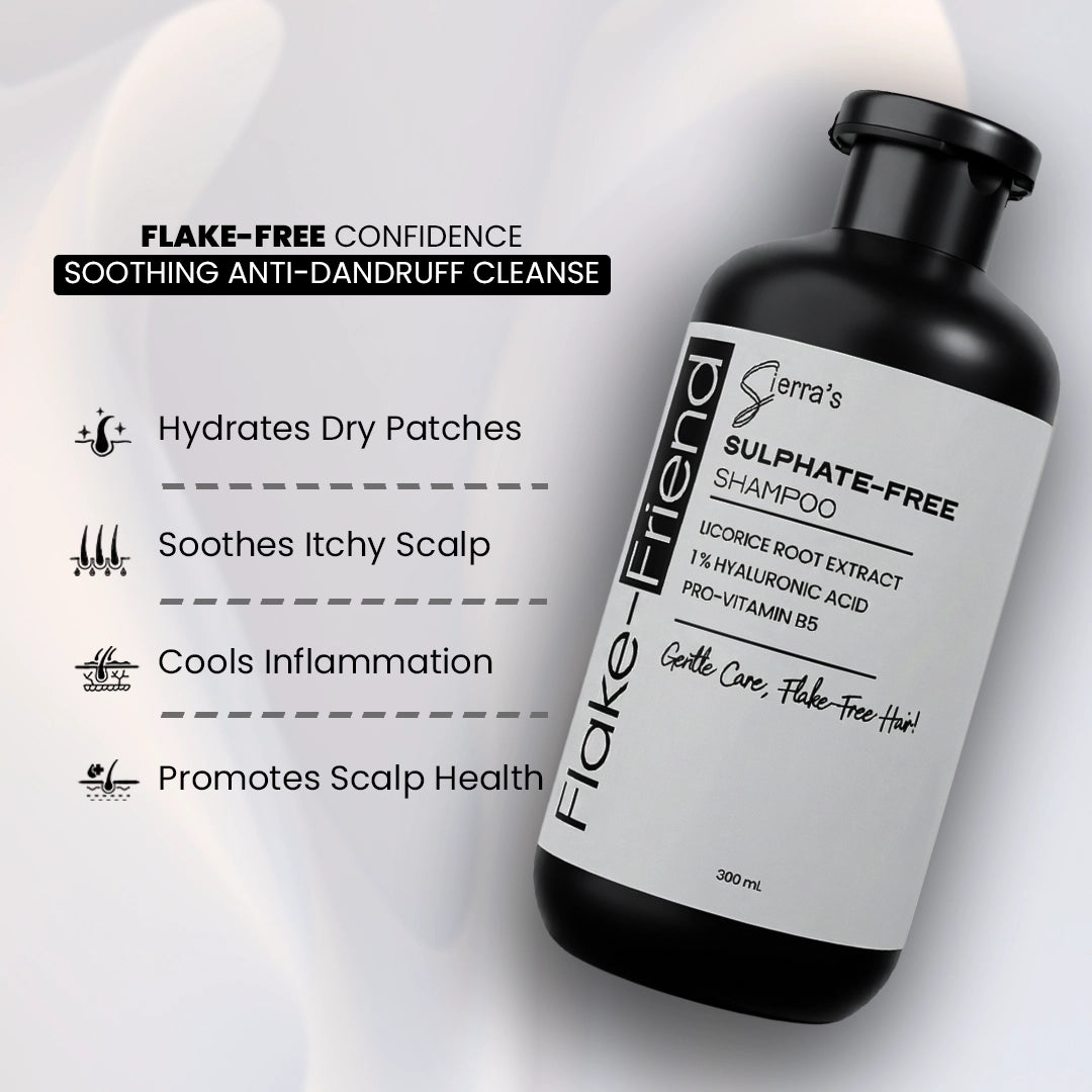 Benefits of Sierra's Flake-Friend Sulphate Free Anti-Dandruff Shampoo showing hydration for dry scalp, relief from itching, scalp comfort and healthier-looking hair.