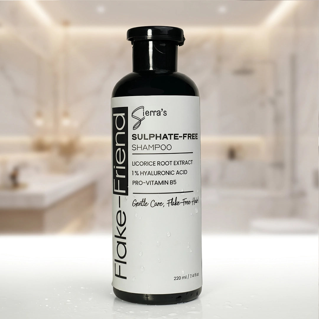 Sierra's Flake-Friend Sulphate Free Anti-Dandruff Shampoo 220mL with Licorice Root Extract, 1% Hyaluronic Acid and Pro-Vitamin B5 for dandruff-prone and itchy scalp.