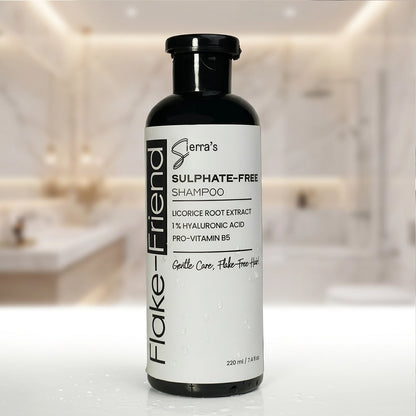 Sierra's Flake-Friend Sulphate Free Anti-Dandruff Shampoo 220mL with Licorice Root Extract, 1% Hyaluronic Acid and Pro-Vitamin B5 for dandruff-prone and itchy scalp.