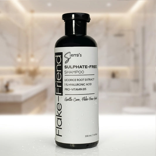 Sierra's Flake-Friend Sulphate Free Anti-Dandruff Shampoo 220mL with Licorice Root Extract, 1% Hyaluronic Acid and Pro-Vitamin B5 for dandruff-prone and itchy scalp.