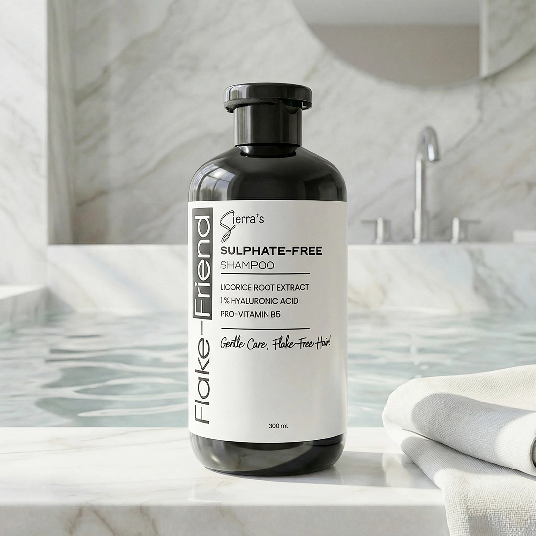 Sierra's Flake-Friend Sulphate Free Anti-Dandruff Shampoo 300mL with Licorice Root Extract, 1% Hyaluronic Acid and Pro-Vitamin B5 for visible dandruff, itchy scalp and dry flaky scalp.