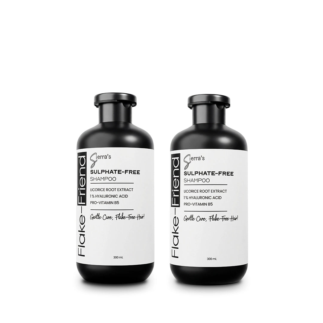 Two bottles of Sierra's Flake-Friend Sulphate Free Anti-Dandruff Shampoo with Licorice Root Extract, 1% Hyaluronic Acid and Pro-Vitamin B5 for daily dandruff care.
