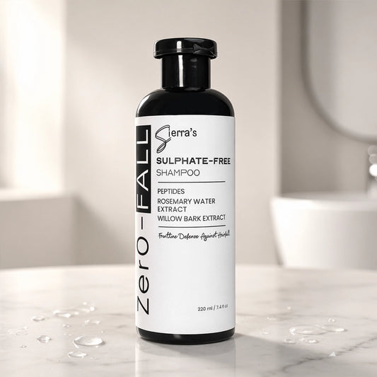 Sierra's Zer0-FALL Sulphate Free Anti Hair Fall Shampoo 220ml with Peptides, Rosemary Extract and Willow Bark Extract to gently cleanse the scalp and help reduce hair fall due to breakage.