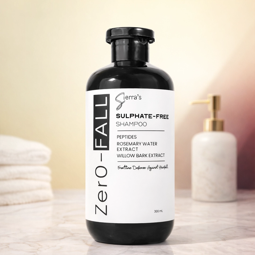 Sierra's Zer0-FALL Sulphate Free Anti Hair Fall Shampoo 300ml with Peptides, Rosemary Extract and Willow Bark Extract to gently cleanse the scalp and help reduce hair fall due to breakage.