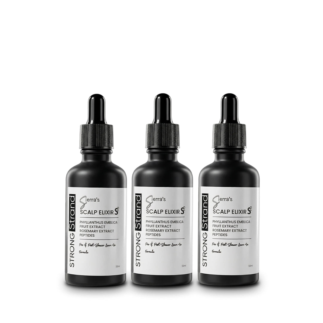 Three bottles of Sierra's STRONG Strand Scalp Elixir Anti Hair Fall Serum 50ml 3-pack bundle for daily scalp care