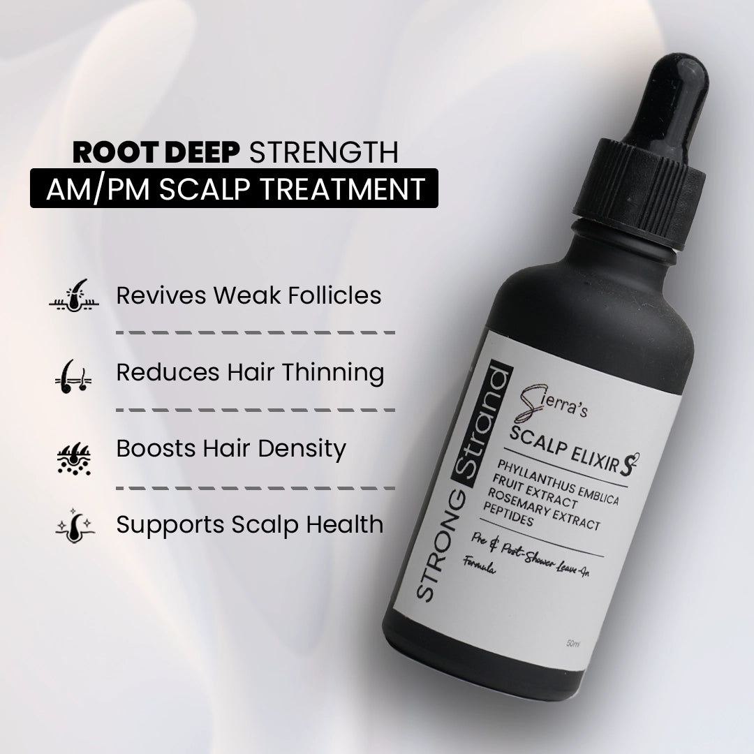 Educational infographic for Sierra's STRONG Strand Scalp Elixir showing AM/PM scalp treatment benefits, including support for weak follicles, reduced hair thinning, improved hair density, and healthier-looking scalp.